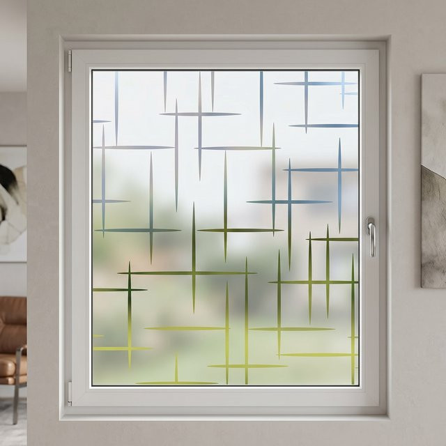 BUNPIG Gradient Cross Privacy Fensterfolie, statisch haftender geometrischer Glasaufkleber in Transparent, lichtdurchlässig für Badezimmer und Küche - Bild 1