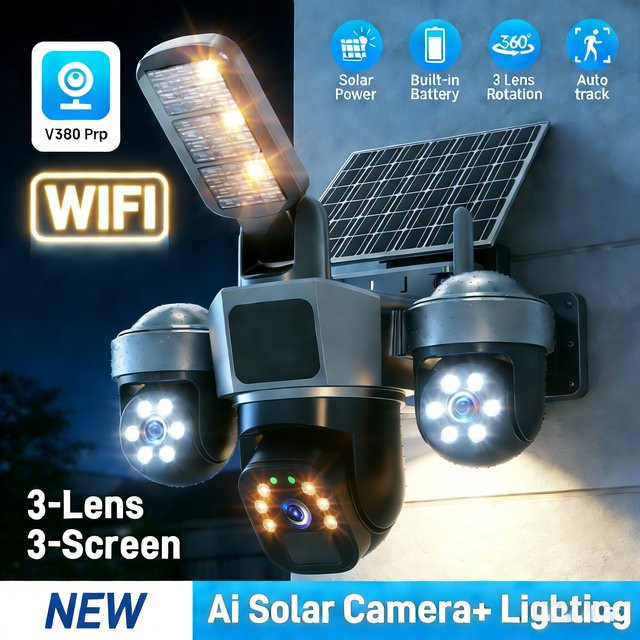 DIFANG WLAN-Solarkamera für Außenbereich mit PTZ-Funktion, Dreifach-Bildschirm, Auto-Tracking und Solar-Flutlicht zur WLAN-Überwachung - Bild 1