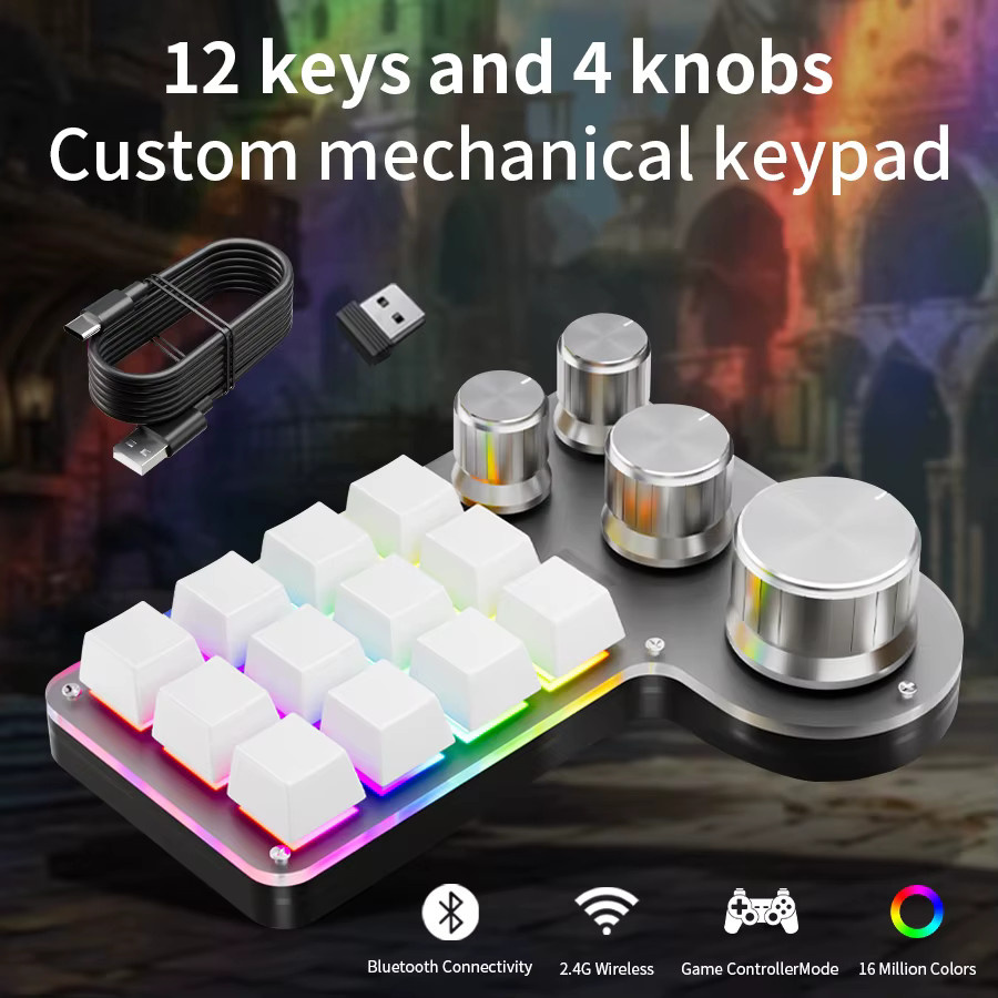 Ammtoo Mechanische RGB Gaming-Tastatur mit 12 Tasten und 4 Makro-Tasten, 3 Modi (Bluetooth, 2,4 G, USB), Schwarz - Bild 3