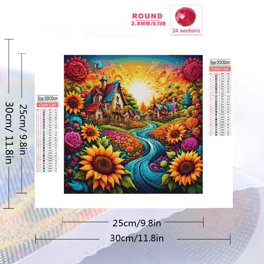 EverShine Diamant-Stickerei Haus-Landschaft mit Sonnenblumen und Rosen, Vollquadrat-Mosaik in Multicolour, B/H: 20 x 20 cm - Bild 2