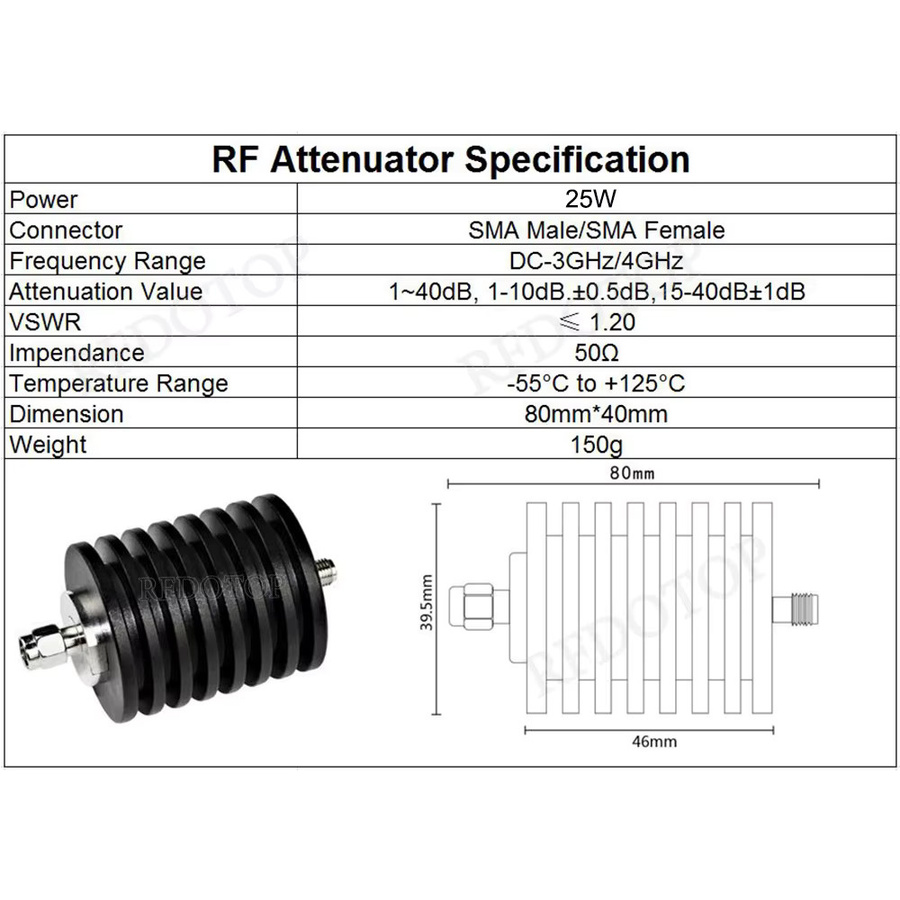 RFDOTOP RF Koaxial Dämpfer SMA Stecker auf SMA Buchse 25W DC-3GHz/4GHz 50 Ohm in Schwarz - Bild 3