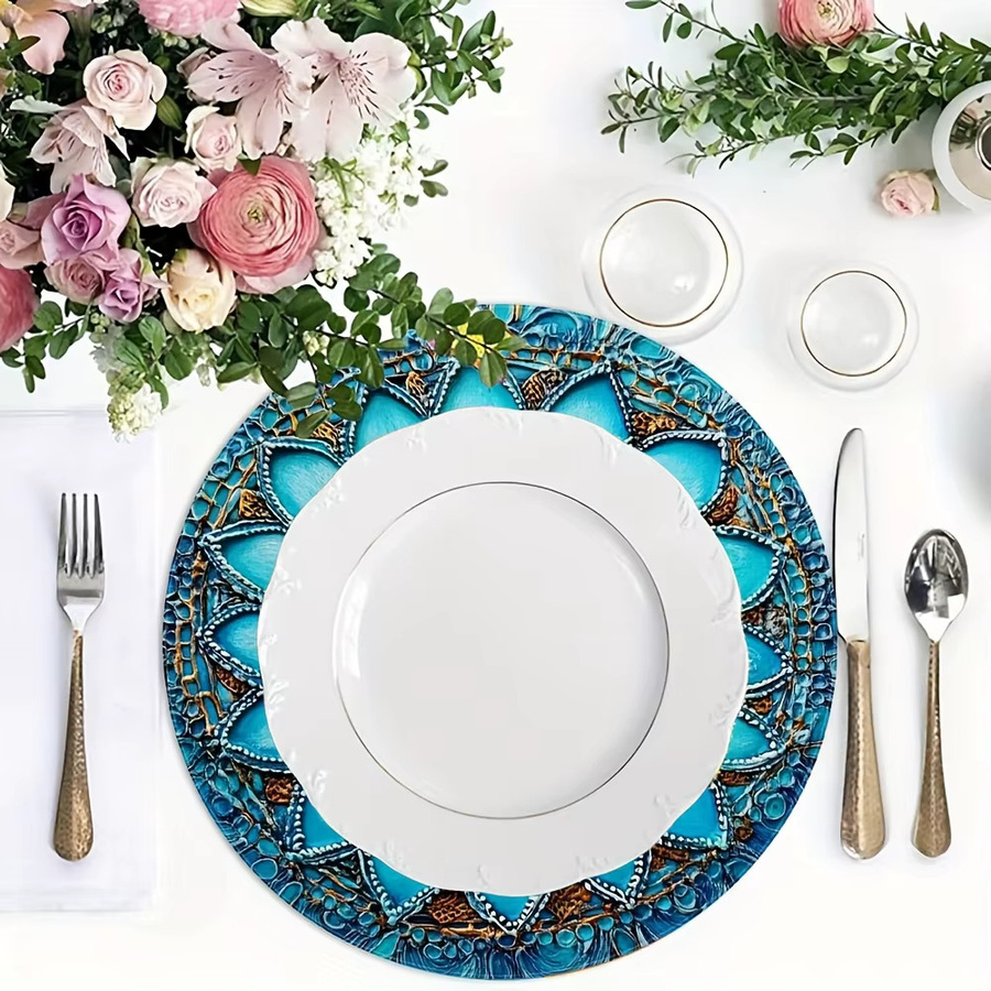 VIKAMA 4-teiliges Vintage-Tischset aus Leinen in Blau und Gold, runde Platzsets mit grafischem Design - Bild 3