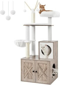 FEANDREA 2-in-1 Kratzbaum mit integriertem Katzenklo-Schrank und Höhle in Grau und Weiß - Bild 1
