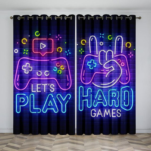 Yiran Furniture Gamepad Motiv Vorhang aus Polyester für das Kinderzimmer, 2er Set, Navy Blau, Breite: 50 cm, Höhe: 130 cm - Bild 1