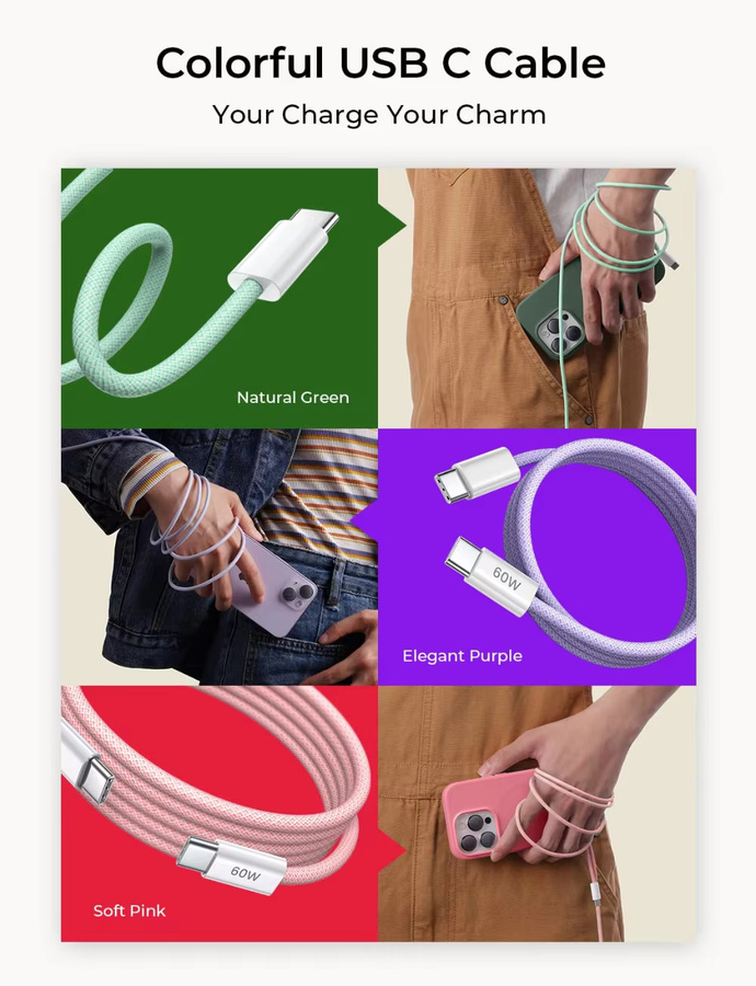 NNBILI USB-C auf USB-C Ladekabel mit 60 W Schnellladung, mehrfarbiges Gewebe-Kabel für iPhone 16 17, Huawei, Xiaomi und Samsung - Bild 5