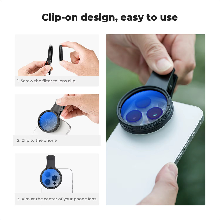 K&F CONCEPT Clip-on CPL Handyfilter-Set 52mm Zirkularer Polarisationsfilter in Schwarz für iPhone 15, 14 und 13 - Bild 2