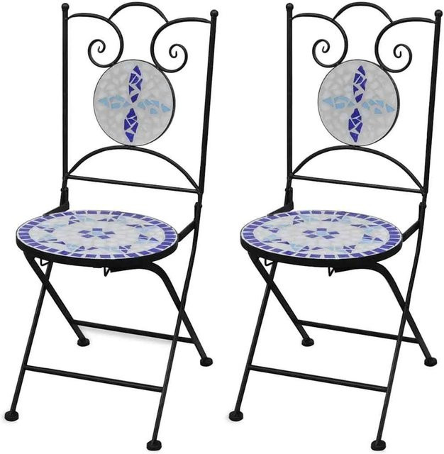 Furnicato Bistrostühle Klappbar 2er Set aus Eisen und Keramik in Blau und Weiß mit Mosaik-Design - Bild 1