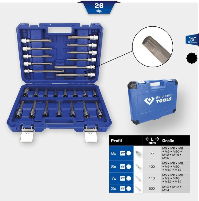 Brilliant Tools Steckschlüssel-Satz 1/2 Zoll, 26-teilig, Vielzahn-Profil XZN aus Chrom-Vanadium, Silber/Blau - Bild 2