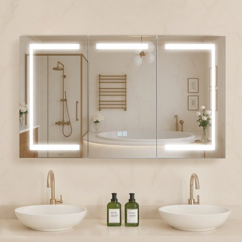 VEVOR beleuchteter Medizinschrank mit Spiegel in Weiß, Wandmontage mit 3-farbig dimmbarer LED-Beleuchtung, gehärtetem Glas, Memory-Funktion, 2 verstellbaren Regalen sowie Steckdosen und USB-Anschlüssen, B: 100 cm, T: 23,6 cm, H: 60 cm - Bild 1