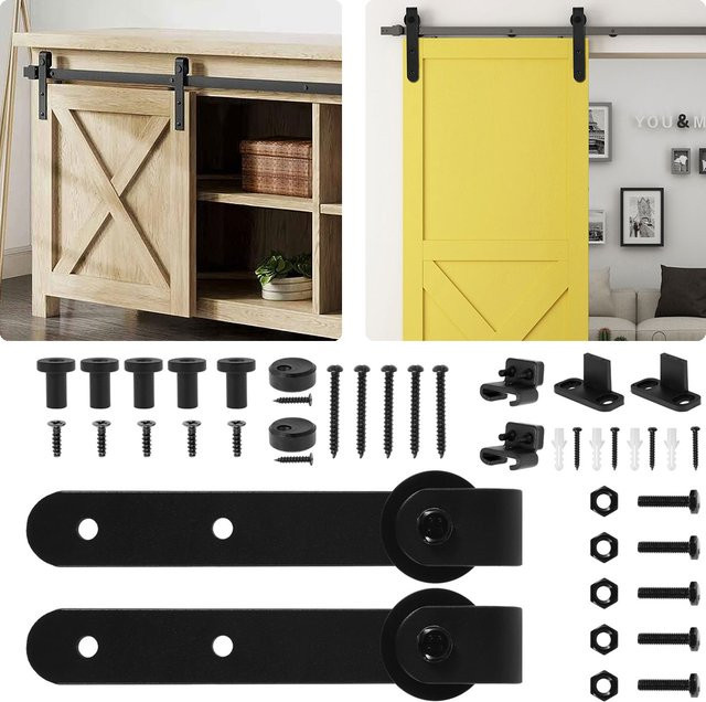 Scheunentür-Schiebeschienen-Set aus Kohlenstoffstahl in Schwarz für Wandmontage mit geräuschlosen Rollen - Bild 1