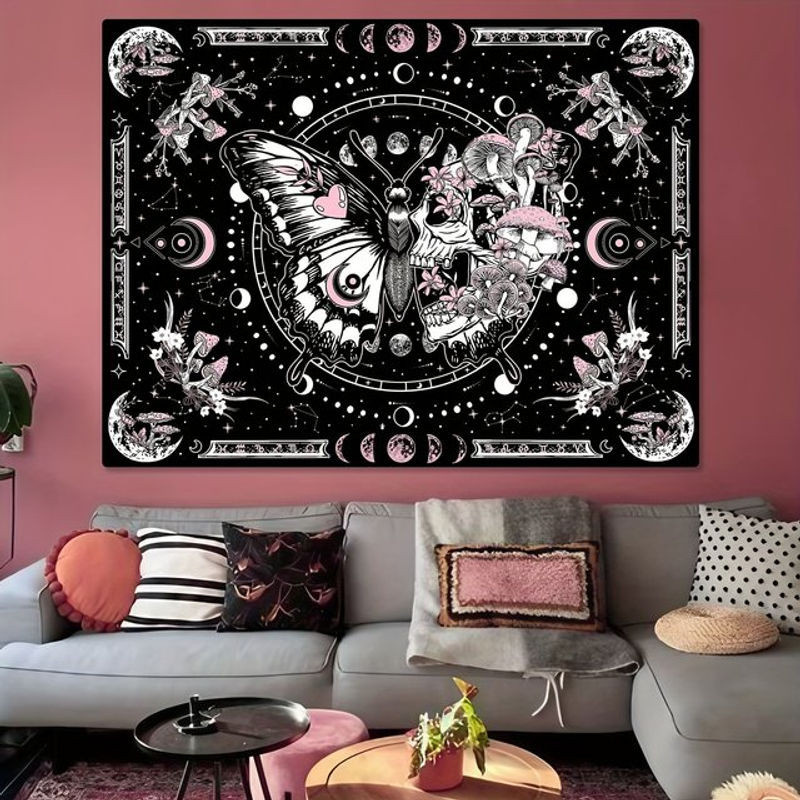 VIKAMA Gothic Bohemian Wandteppich mit rosa Totenköpfen, schwarzen Schmetterlingen und floralen Pilzmotiven in Textil, B/H: 160 x 140 cm - Bild 1