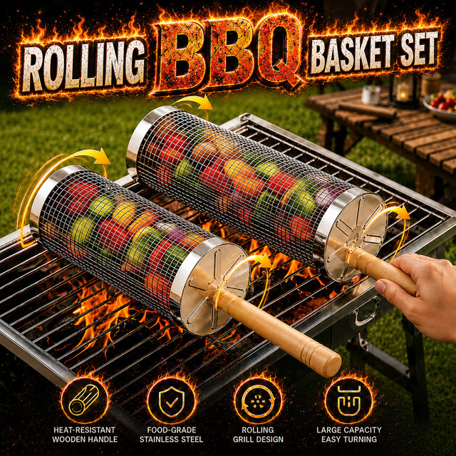 PGY Edelstahl-Grillkorb-Set mit Holzgriff in Silber für BBQ und Camping - Bild 1