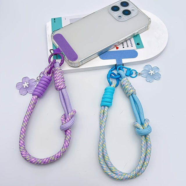 Mehrfarbiger gewebter Handy-Handgelenkriemen mit Blumenanhänger als universelles Anti-Verlust-Lanyard und tragbarer Schlüsselanhänger in Lila und Multicolour - Bild 1