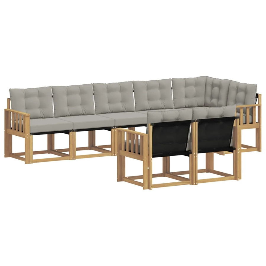 vidaXL Outdoor-Sofagarnitur 8-tlg. in L-Form aus Akazienholz mit Textilene und Kissen, Weiß-hellgrau - Bild 2