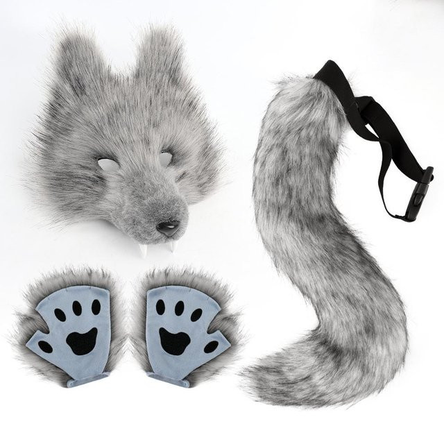 YIRAN Wolfsmaske, Schwanz, Ohren, Pfoten, Cosplay Kostüm Set, Grau, Bunt - Bild 1