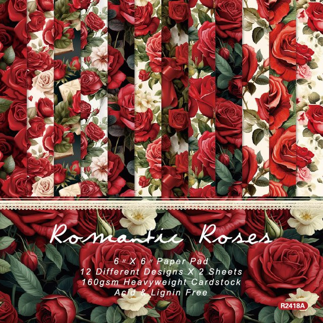 Alinacutle Junkjournal Romantisches Rosen-Papierpaket mit 24 Blatt gemustertem Papier für Scrapbooking, Multicolour, Breite: 15,2 cm - Bild 1