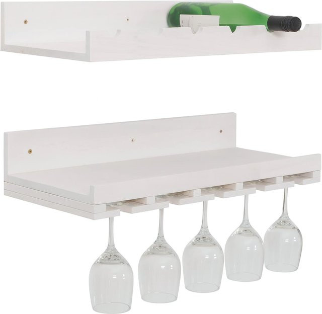 MCW 2er-Set Weinregal P22 Wandbar aus Kiefernholz in Weiß für 6 Flaschen und 15 Gläser, Breite: 61 cm, Tiefe: 28 cm - Bild 1