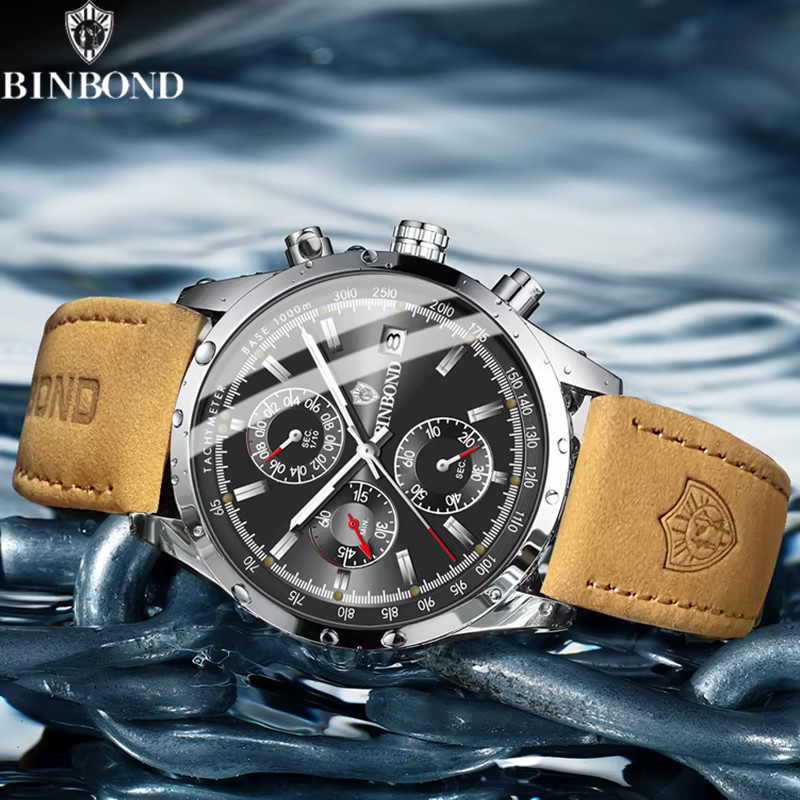 BINBOND Chronograph Armbanduhr, Quarz, Leder, Schwarz, Herren - Bild 3