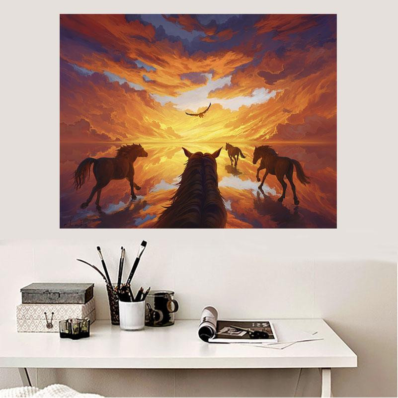 FIYO 5D DIY Diamantgemälde Sonnenuntergang Pferde, 3D Mosaik Dekoration mit Leinwand, Multicolor, Breite: 30 cm, Höhe: 20 cm - Bild 3