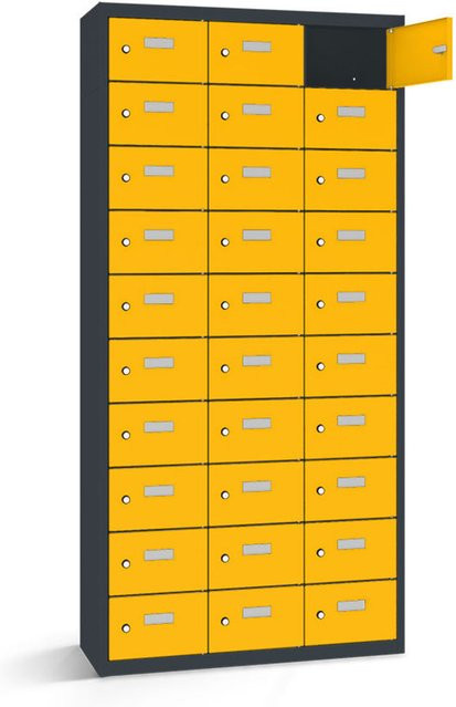 rotstahl Wertfachschrank mit 30 Fächern in Gelb und anthrazitgrauem Korpus, B/T/H: 117,5 x 30 x 180 cm - Bild 1