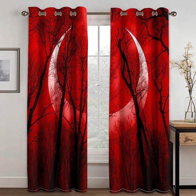 Japanische Fenstervorhänge mit Crimson Sunrise Crane Motiv und traditioneller Tuschemalerei, Set aus 2 Stück, Farbe: Rot/Mehrfarbig, B: 60 cm, H: 60 cm - Bild 1