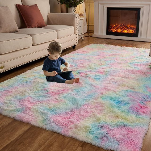 Wucifang Tie Dye Plüschteppich aus Polyester und Kunstfell, rutschfest und weich, Mehrfarbig, B/T: 60 x 40 cm - Bild 1