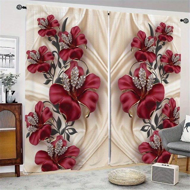Yiran Furniture Vorhänge mit goldenem Blumenmuster in Beige, 2er-Set mit Haken, B: 50 cm, H: 60 cm - Bild 1