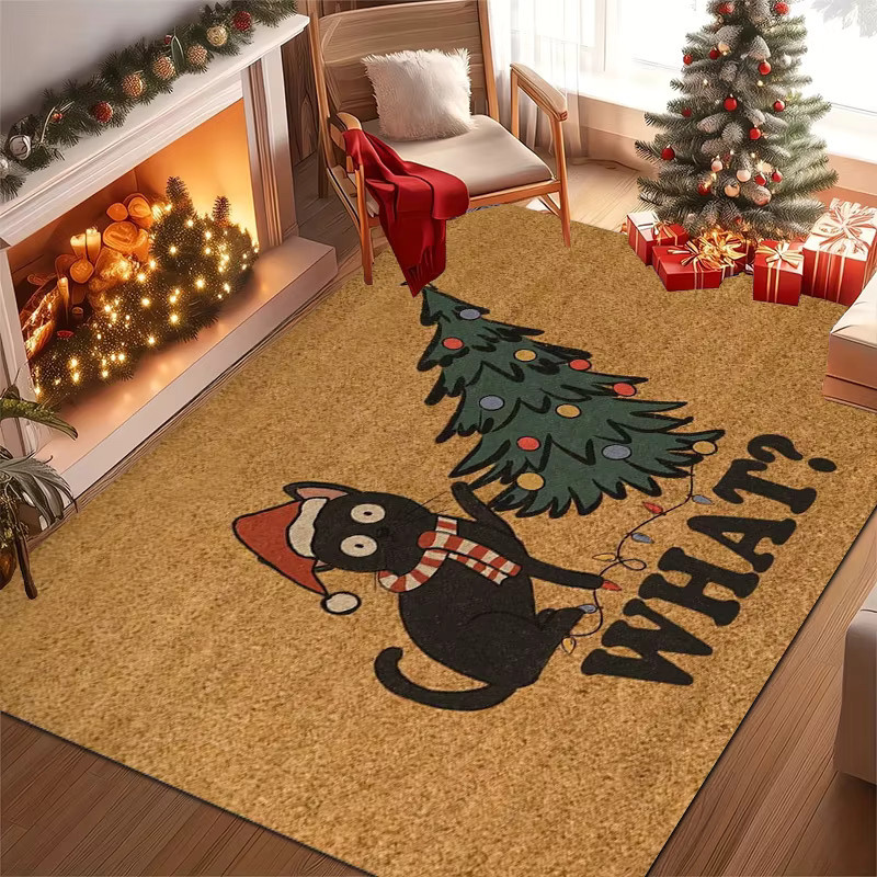 VIKAMA Teppich mit schwarzer Katze und Weihnachtsbaum-Muster in Schwarz und Braun, weiche Bodenmatte für Schlafzimmer und Eingangsbereich - Bild 3