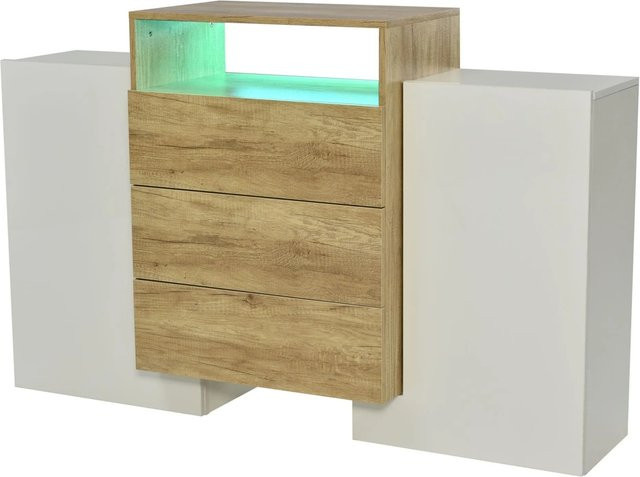 okwish Sideboard mit LED Beleuchtung in Weiß und Natur für dein Wohnzimmer, B/T/H: 140 x 30 x 77 cm - Bild 1