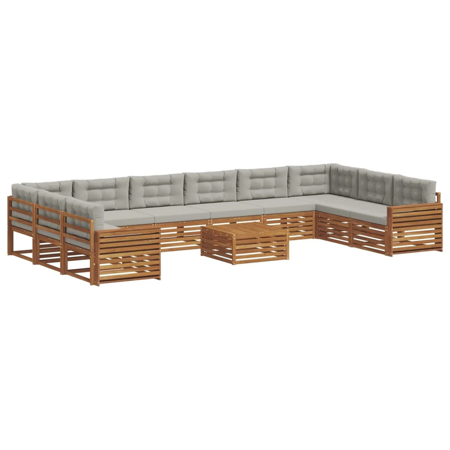 vidaXL Sofagarnitur aus Massivholz Akazie in U-Form, 11-teiliges Lounge-Set mit Tisch und Polstern, Farbe: Natur und Grau - Bild 2