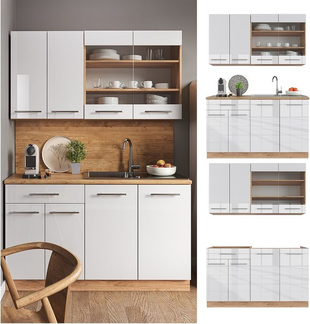 Vicco Küchenzeile Fame-Line Single in Weiß und Eiche mit Hochglanz-Finish, Breite: 140 cm - Bild 1