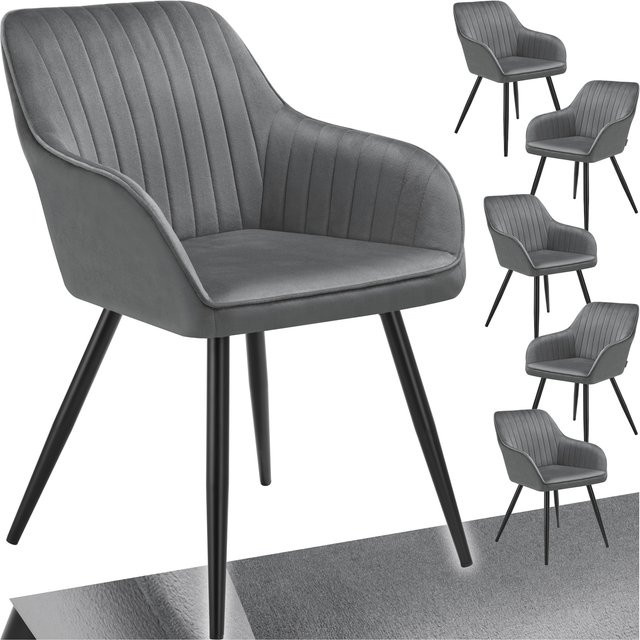 tectake Esszimmerstuhl Marilyn Set, 6er Set, gepolstert in Samtoptik mit Steppmuster und Stahlbeinen, Grau-schwarz, B/T/H: 58 x 62 x 82 cm - Bild 1