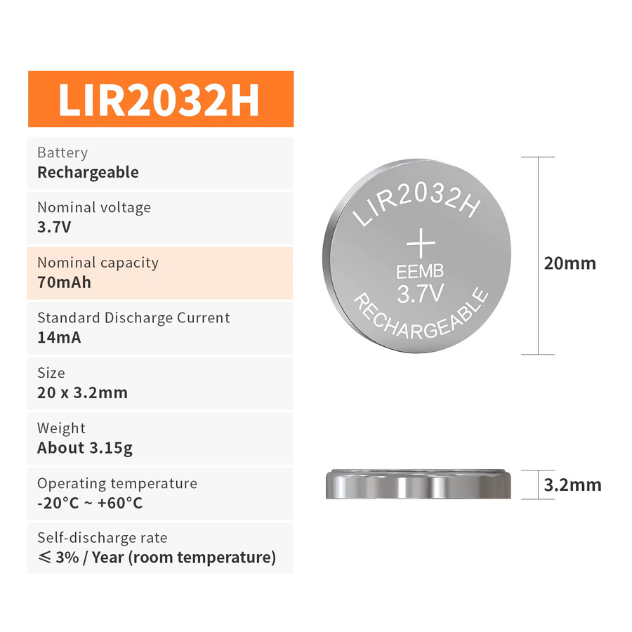 EEMB 4er-Pack LIR2032H Wiederaufladbare Batterien mit Ladegerät-Set, Silberne Hochleistungs-Knopfzellen für Laptop-Motherboard-Backup und Hörgeräte - Bild 3