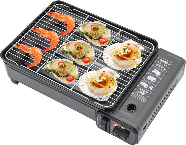 Bymaocar Tragbarer Butan-Camping-Tischgrill in Schwarz mit Grillnetz und Chrom-Elementen, B/T/H: 28,0 x 28,0 x 15,0 cm - Bild 1