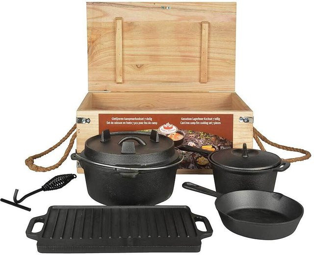 Esschert Design Dutch Oven Set 7-teilig aus Gusseisen in Schwarz für Outdoor und Lagerfeuer - Bild 1