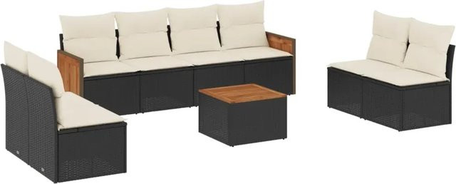 vidaXL 9-tlg. Garten-Sofagarnitur aus Polyrattan in Schwarz mit cremeweißen Kissen und Gartentisch - Bild 1