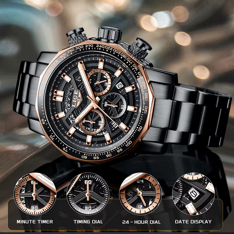 LIGE Armbanduhr Edelstahl, Quarz, Schwarz, Silber, Herren - Bild 3