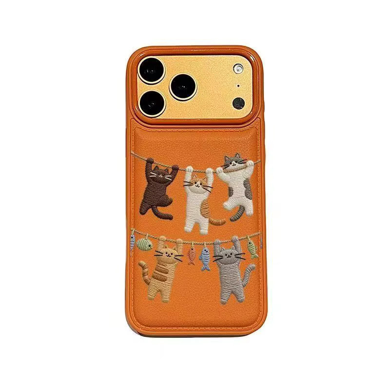 Weiche Silikonhülle mit Katzenmuster und Imitationsstickerei für iPhone 11 bis iPhone 17 Pro Max in Orange - Bild 2