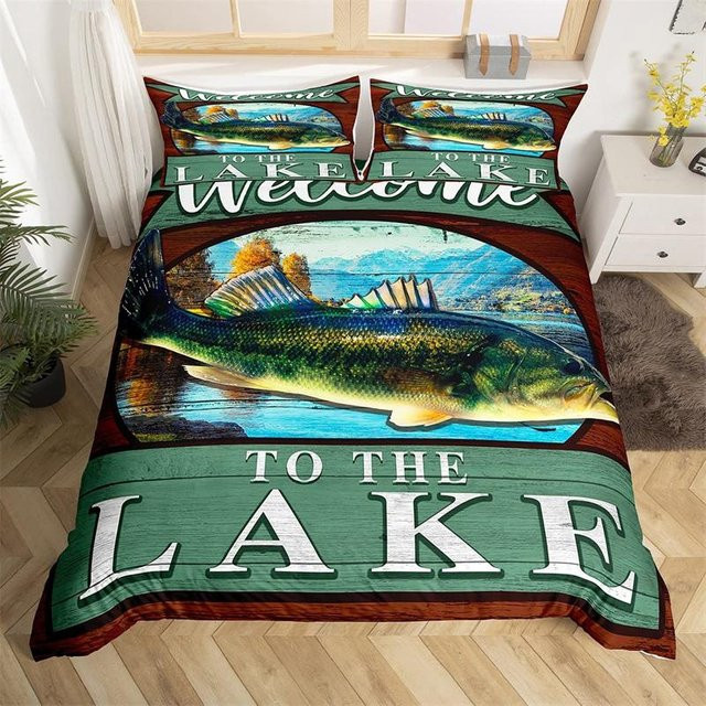 Fishing King Bettwäsche-Set aus Mikrofaser mit Angel- und Naturmotiv, 3-teilig, B/H: 200 x 230 cm, Kissenbezug: 50 x 70 cm, Mehrfarbig - Bild 1