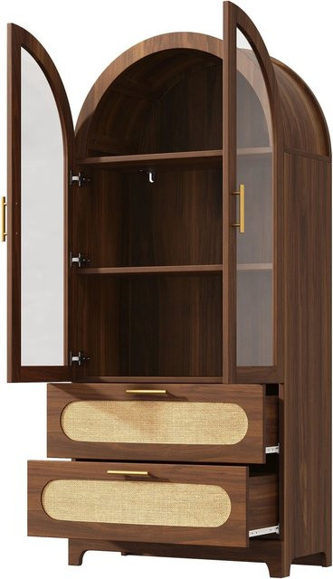 okwish Vitrine Montmartre 2er Set mit Glastüren und Rattan-Design in Braun, H x B x T: 175 x 80 x 40 cm - Bild 1