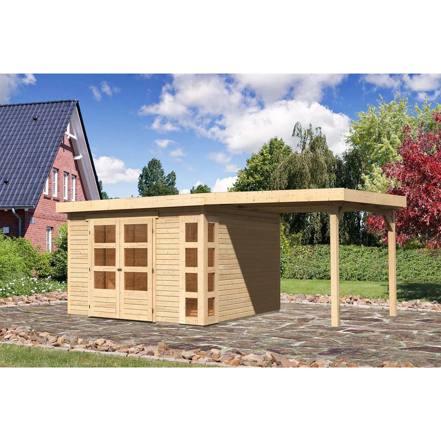 Karibu Holz-Gartenhaus Sölve Natur mit Flachdach und überdachter Außenfläche, Farbe: Braun, B/T/H: 298 x 302 x 216 cm - Bild 2