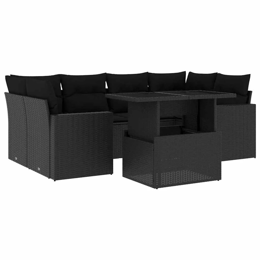 vidaXL 7-teilige Garten-Sofagarnitur in L-Form aus schwarzem Poly-Rattan mit Kissen und pulverbeschichtetem Stahlgestell - Bild 2
