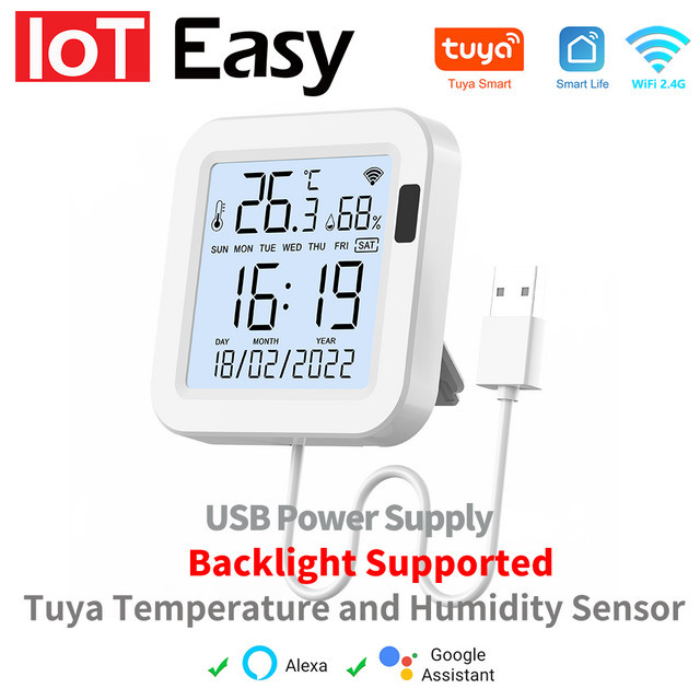 IOT Easy Tuya WiFi Smart Temperatur- und Feuchtigkeitssensor mit Echtzeit-Display und Hintergrundbeleuchtung in Weiß, kompatibel mit Alexa und Google Assistant - Bild 1