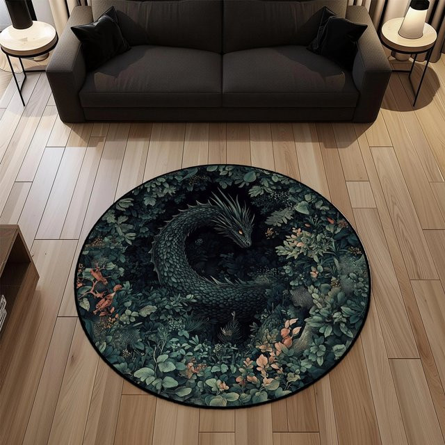 Runder Teppich mit Fantasy-Wald-Drachen-Muster in Multicolour, rutschfeste Bodenmatte für Wohnzimmer, Schlafzimmer oder Badezimmer - Bild 1