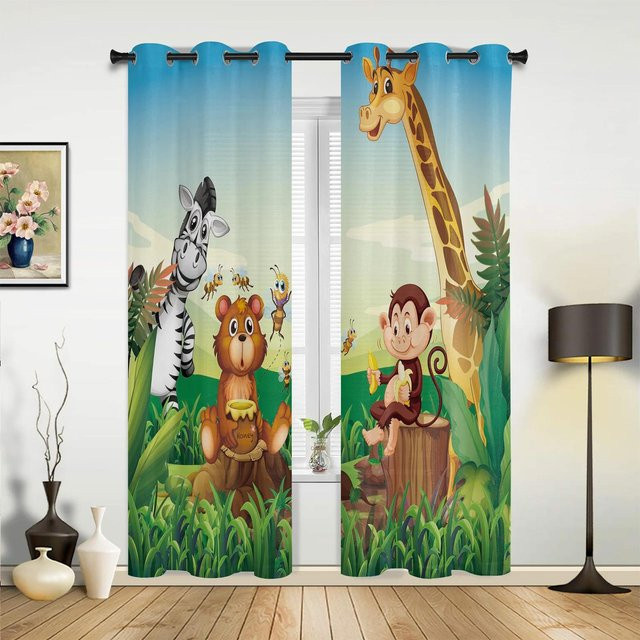 Cartoon Safari Tiere Dschungel Wald Vorhänge aus Polyester, 2er-Set, Mehrfarbig, Breite: 60 cm, Höhe: 100 cm - Bild 1