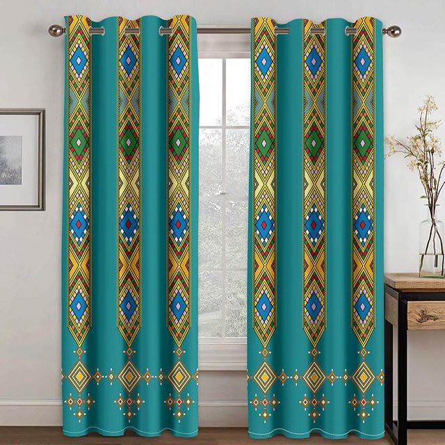 Sonnenschutzvorhänge im marokkanischen Design, 2 Paneele, Türkis, Polyester, B/H: 50 x 160 cm - Bild 1