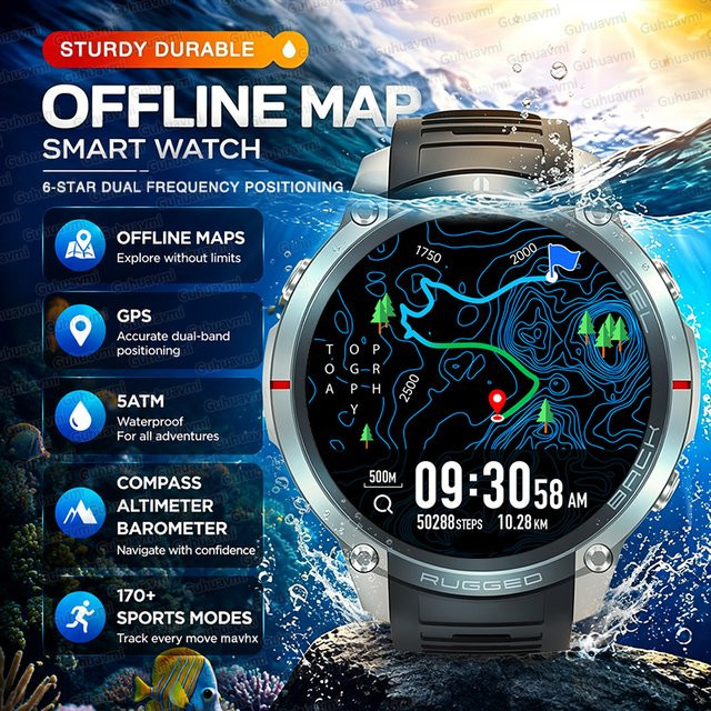 GUHUAVMI Premium Militär-Smartwatch für Herren in Grau mit GPS-Outdoor-Navigation, Offline-Karten, 5ATM Wasserdichtigkeit, Kompass, Höhenmesser, Barometer und Bluetooth-Anruffunktion - Bild 1