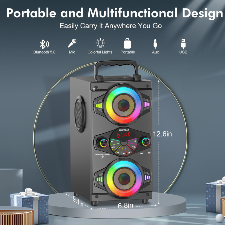 TOPROAD Bluetooth-Lautsprecher 60 W mit Subwoofer, LED-Leuchten, FM-Radio und Mikrofon, Schwarz - Bild 6