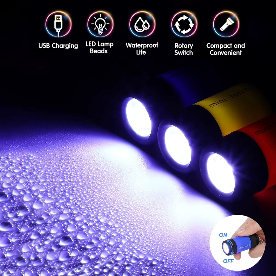 Wiederaufladbarer Mini-Schlüsselanhänger mit LED-Taschenlampe und USB-Anschluss, rote LED-Leuchte mit Drehschalter aus Kunststoff - Bild 4