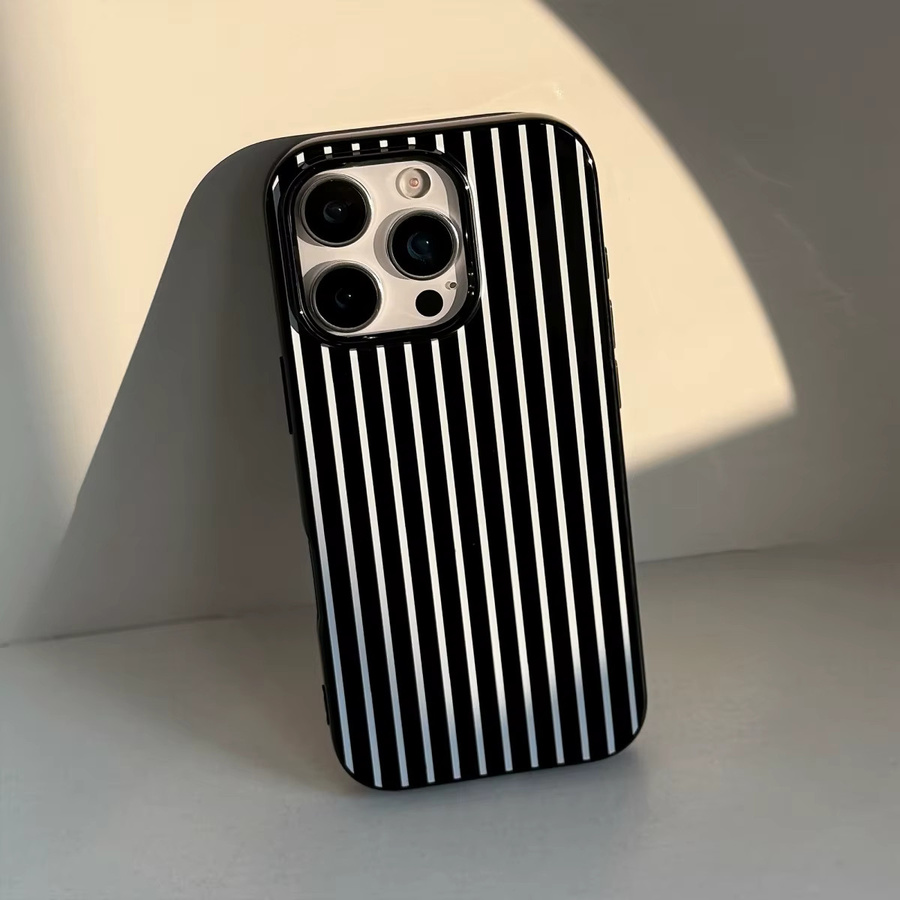 INS Handyhülle mit schwarz-weißem vertikalem Streifenmuster für iPhone 11 bis iPhone 16 Pro Max Plus, glänzend und stoßfest - Bild 2